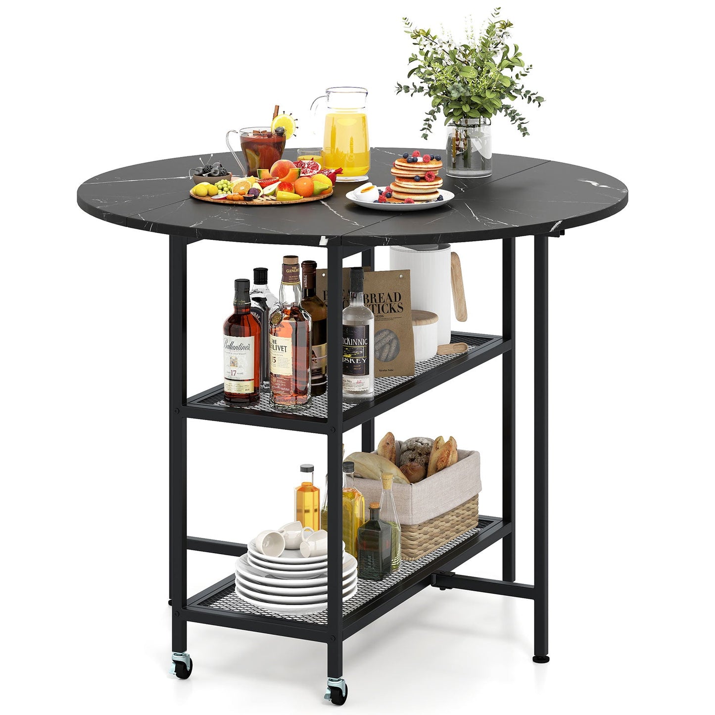 Folding Round Dining Table with Lockable Wheels