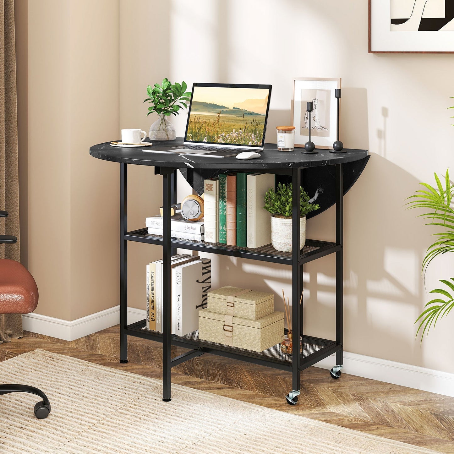 Folding Round Dining Table with Lockable Wheels