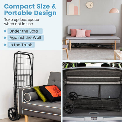 Folding Shopping Cart for Laundry with Swiveling Wheels and Dual Storage Baskets
