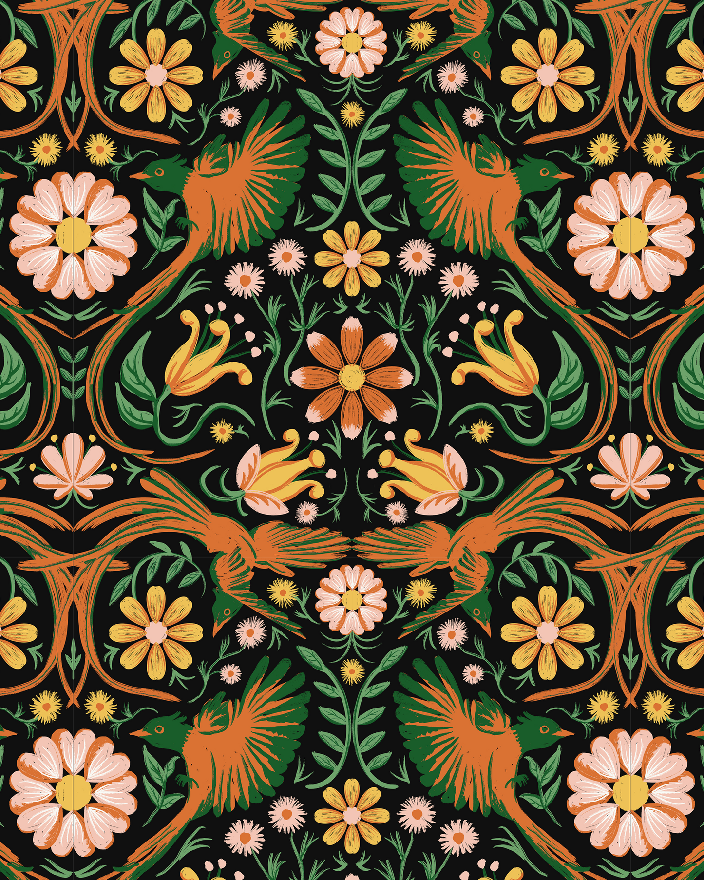 Folkie Birdie Wallpaper, black, orange and green
