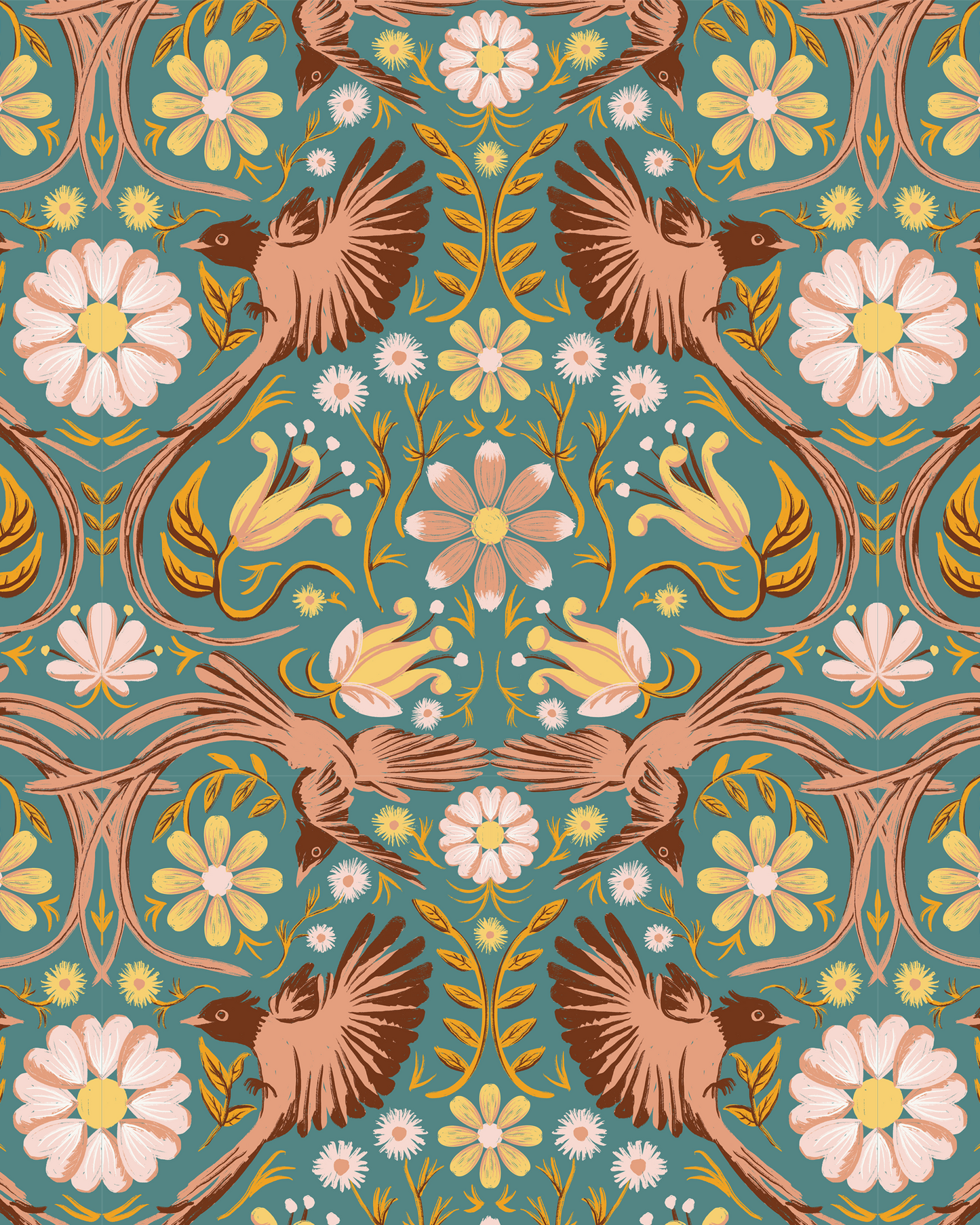 Folkie Birdie Wallpaper, dusty teal, peach and rust