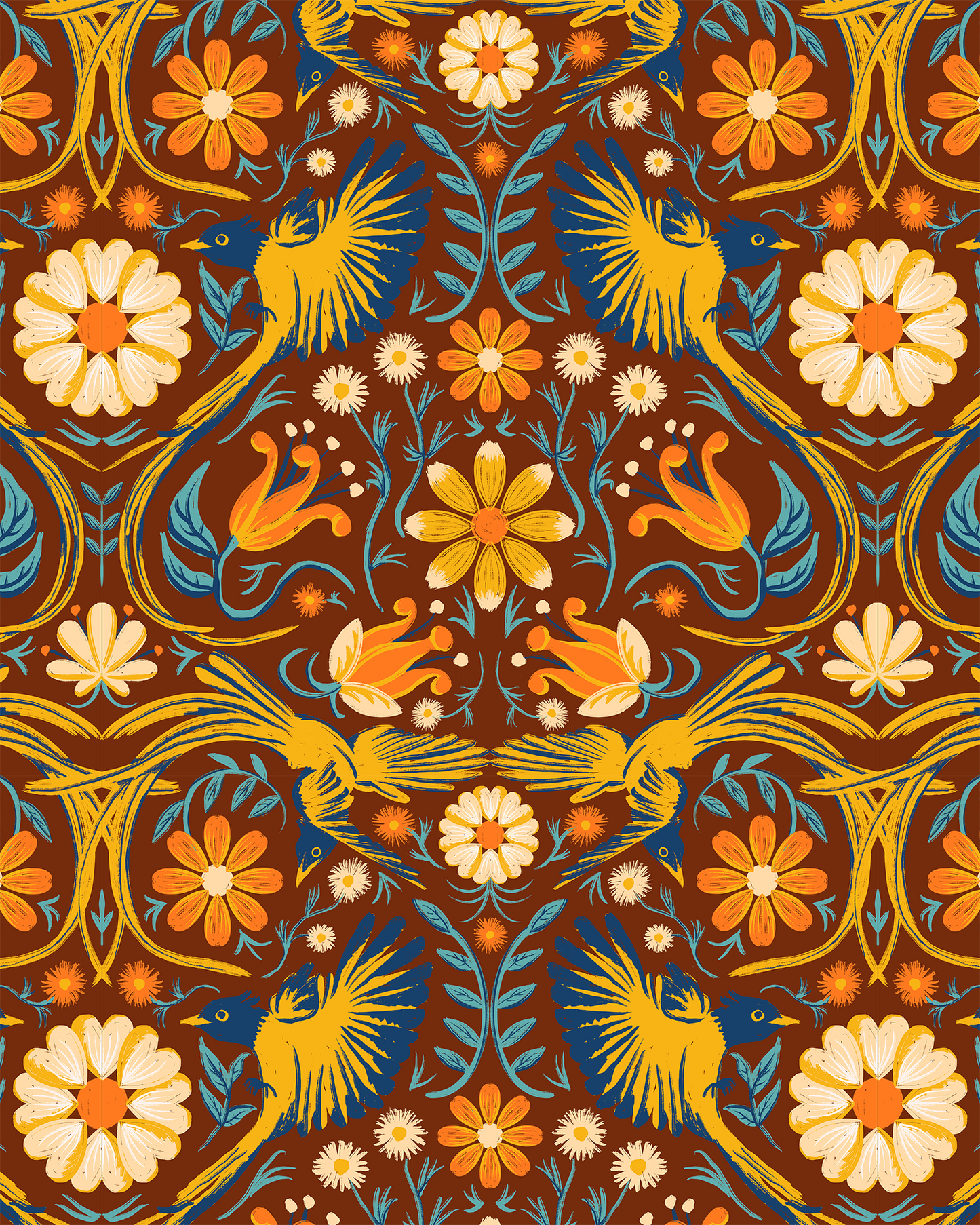 Folkie Birdie Wallpaper, rust, marigold and blue