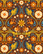 Folkie Birdie Wallpaper, rust, marigold and blue