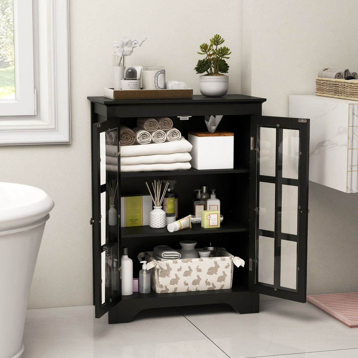 Freestanding Display Storage Cabinet with 2 Glass Doors and Adjustable Shelves