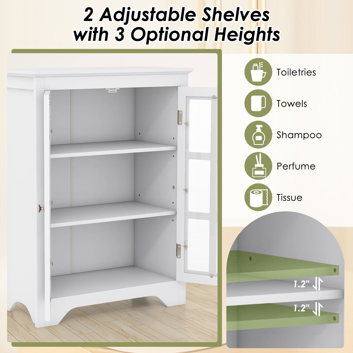 Freestanding Display Storage Cabinet with 2 Glass Doors and Adjustable Shelves
