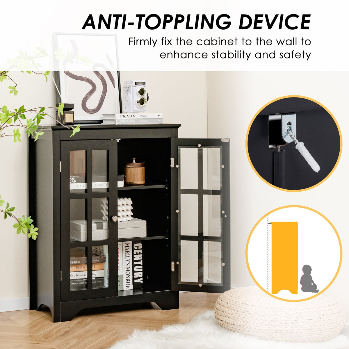 Freestanding Display Storage Cabinet with 2 Glass Doors and Adjustable Shelves