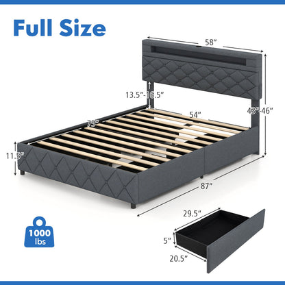 Full/Queen Size Bed Frame with Adjustable Storage Headboard and Wooden Slat Support