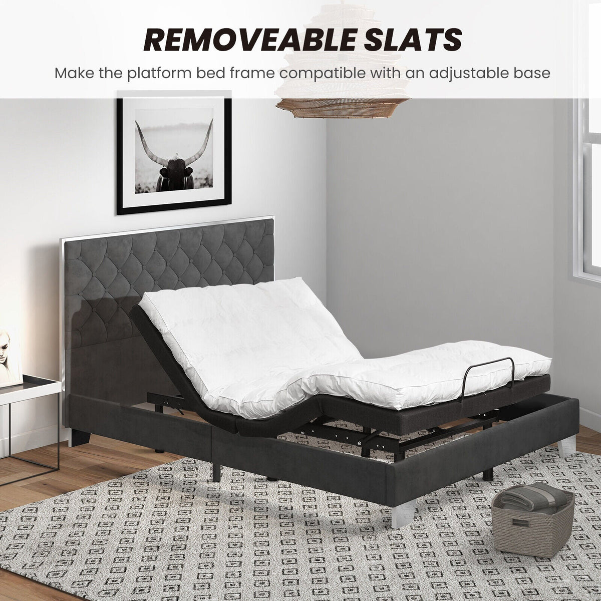 Full/Queen Size Upholstered Bed Frame with Velvet Headboard