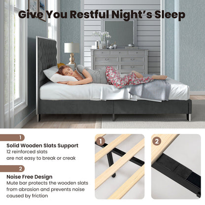 Full/Queen Size Upholstered Bed Frame with Velvet Headboard