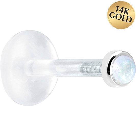 16G 1/4 Solid 14K White Gold 2mm Genuine Rainbow Moonstone Bioplast Tragus Earring Stud
