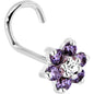 Solid 14K White Gold Amethyst and Clear Cubic Zirconia Flower Nose Ring