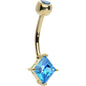 16G 14K Yellow Gold Blue Topaz Princess 6mm Cubic Zirconia Belly Ring