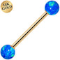 14k Yellow Gold 5mm Blue Synthetic Opal Barbell Tongue Ring 14G 5/8
