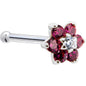 Solid 14K White Gold Red and Clear Cubic Zirconia Flower Nose Ring