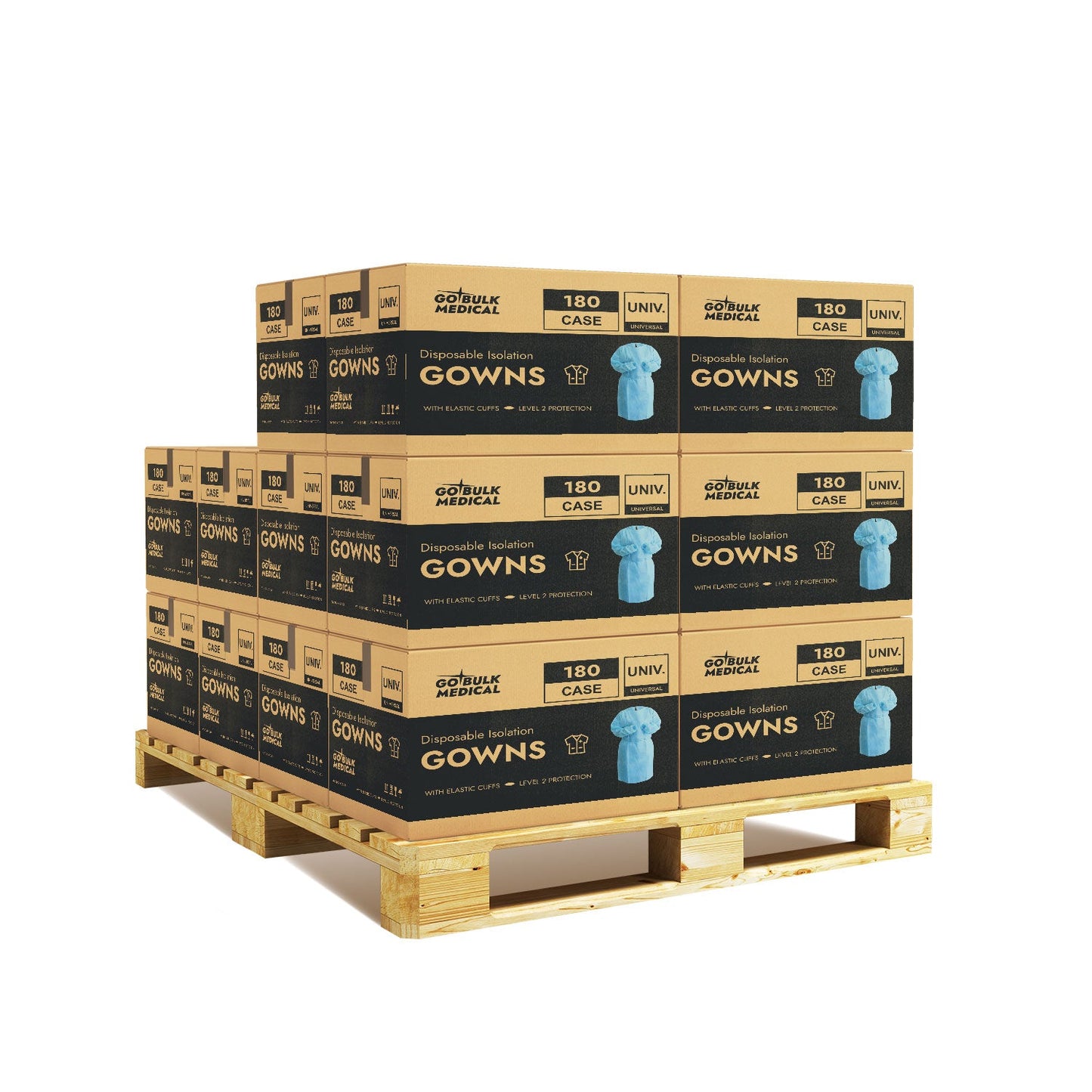Pallet Disposable Isolation Gowns with Elastic Cuffs - 20 Cases (3,600 Gowns) Universal Size Level 2 SMS - Blue