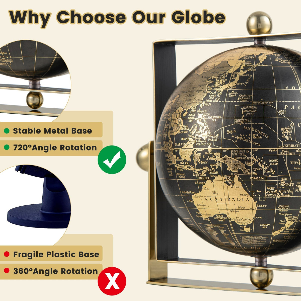 Geographic 6/ 8/ 10 Inch World Globe with Clear Printing and Square Frame