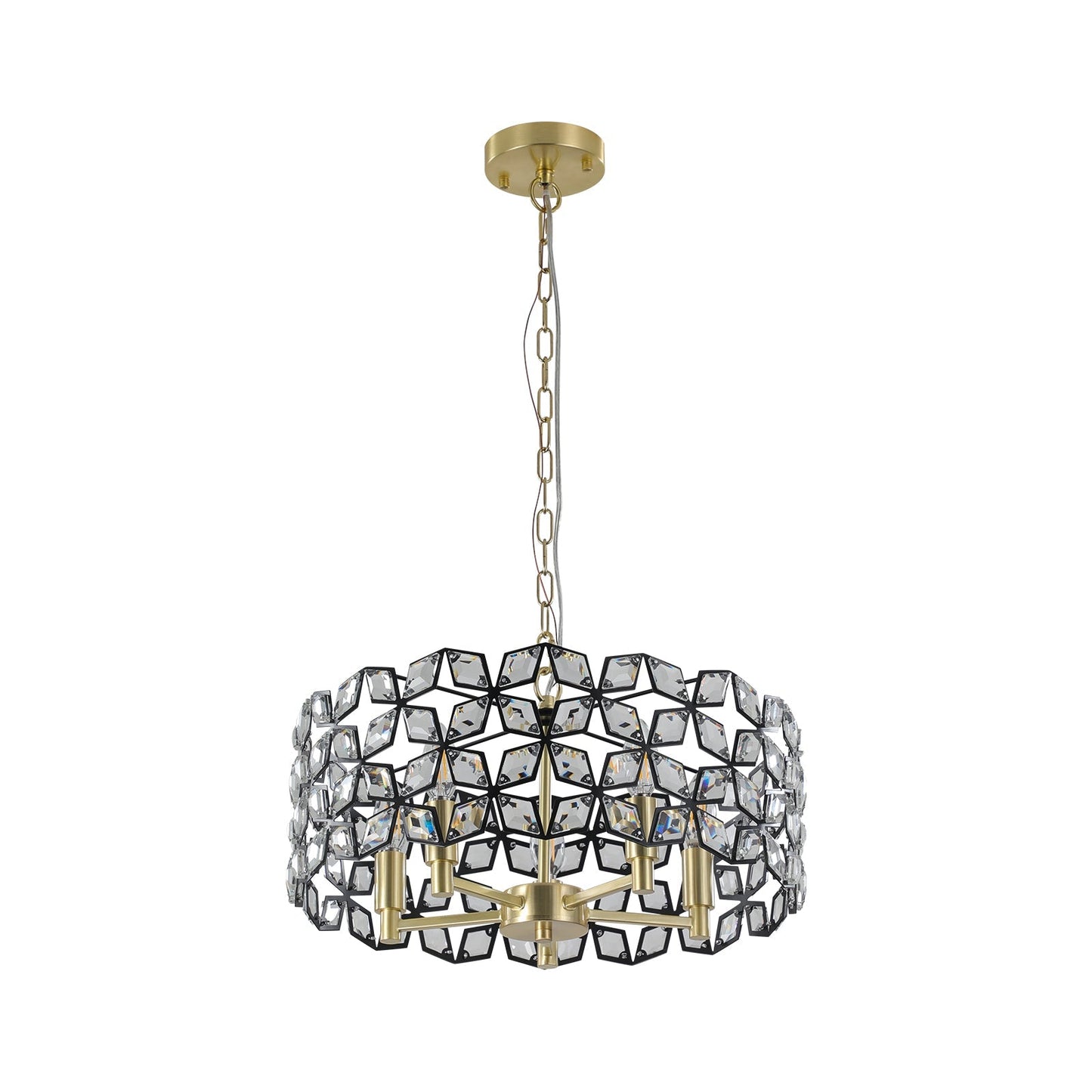 Modern K9 Crystal Geometric Chandelier | 5-Light Black & Gold Round Pendant Light — 19"–39" Adjustable, Dining Room, Living Room & Bedroom