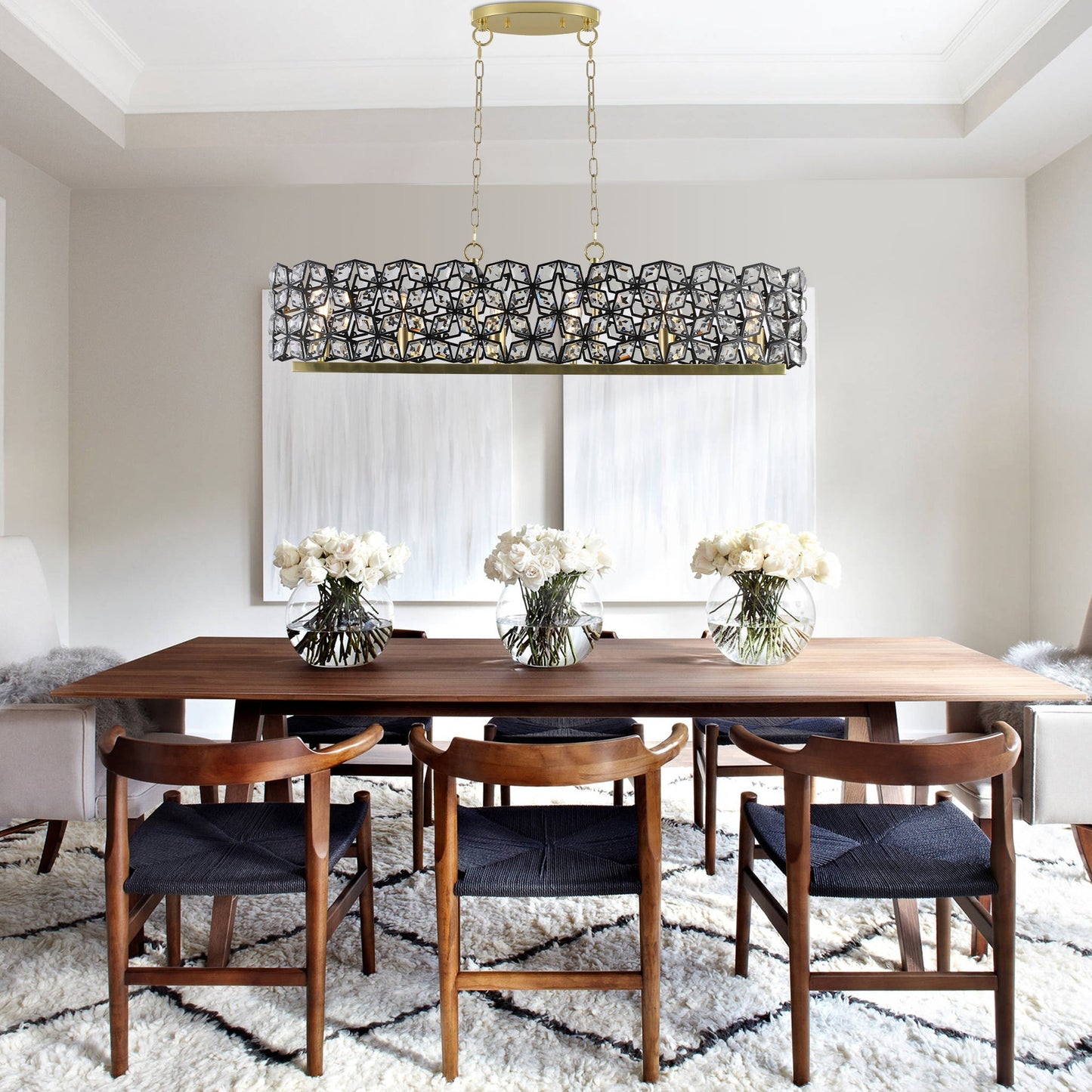 Modern K9 Crystal Geometric Chandelier | 5-Light Black & Gold Round Pendant Light — 19"–39" Adjustable, Dining Room, Living Room & Bedroom