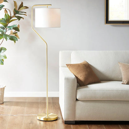 Arched Floor Lamp – Angular Gold Metal Stand & White Linen Drum Shade | LED Bulb Included