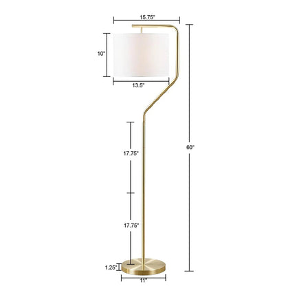 Arched Floor Lamp – Angular Gold Metal Stand & White Linen Drum Shade | LED Bulb Included