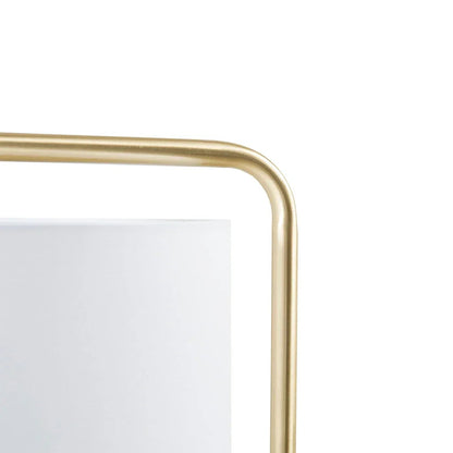 Arched Floor Lamp – Angular Gold Metal Stand & White Linen Drum Shade | LED Bulb Included