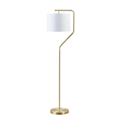 Arched Floor Lamp – Angular Gold Metal Stand & White Linen Drum Shade | LED Bulb Included