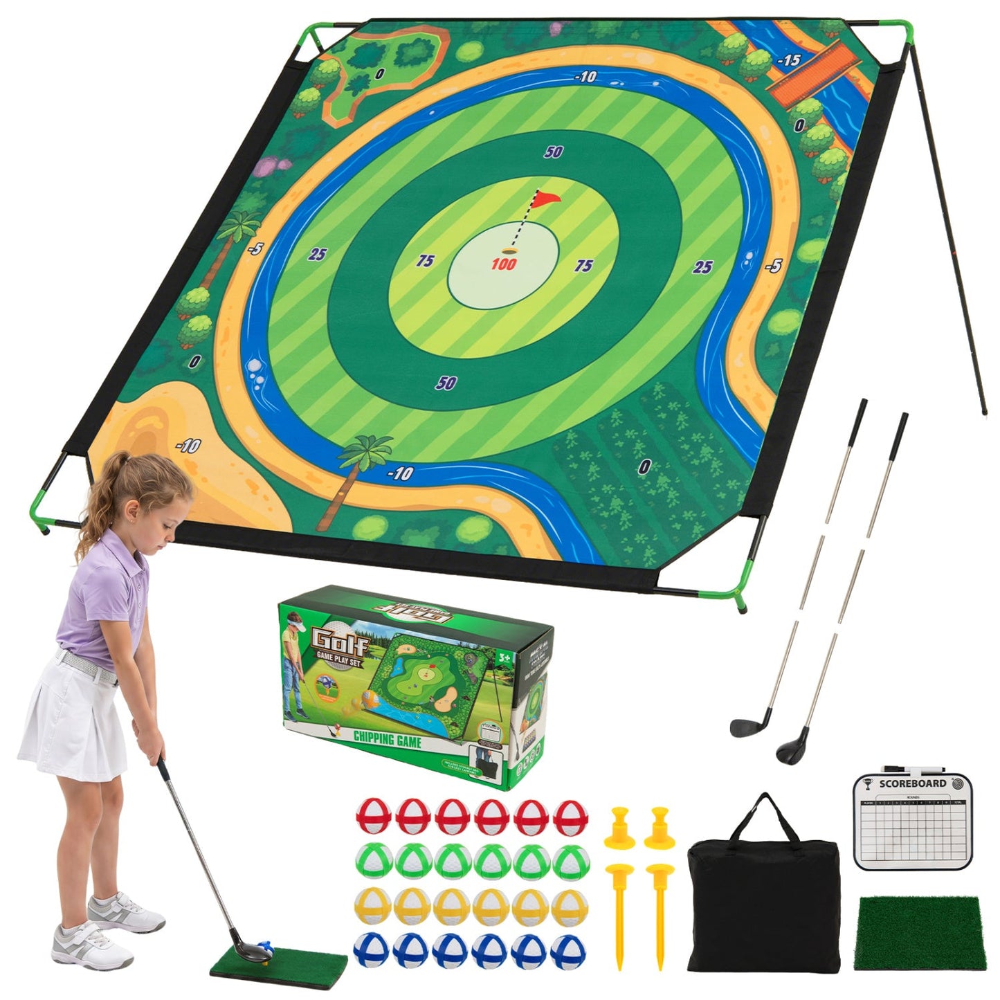 Golf Chipping Practice Set 71x71 Inch with Adjustable Clubs