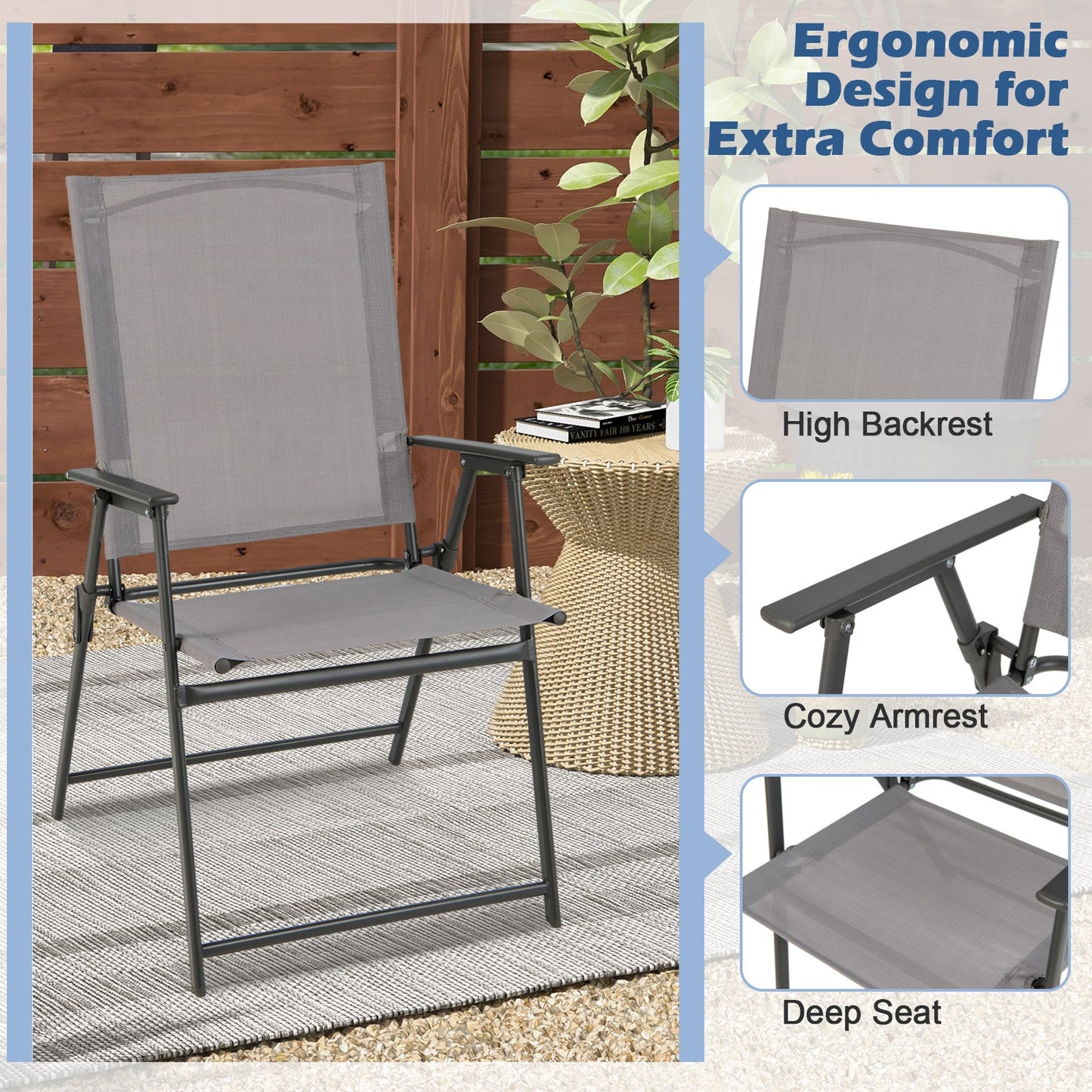 2 Pieces Patio Folding Chairs with Armrests for Deck Garden Yard