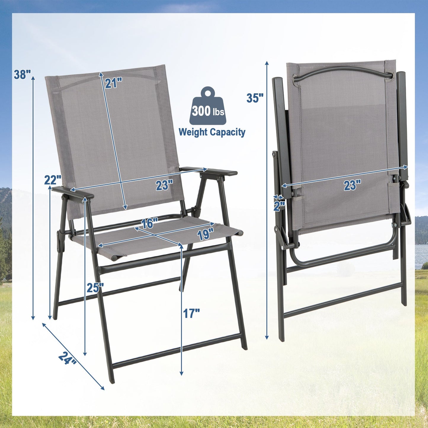 2 Pieces Patio Folding Chairs with Armrests for Deck Garden Yard