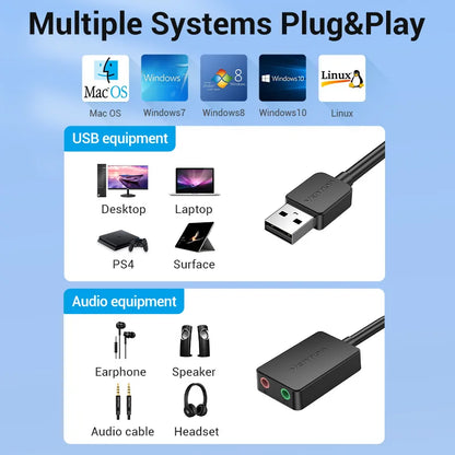 USB External Sound Card Adapter - USB to 3.5mm Audio Interface for PC, Laptop, PS4 Headset & Microphone