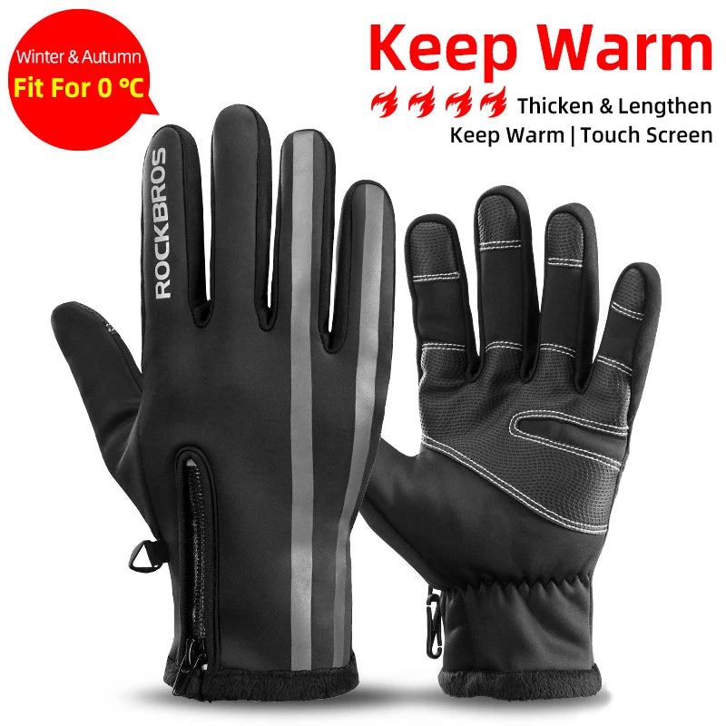 ROCKBROS Winter Cycling Gloves - Thermal Windproof, 6mm SBR Gel Palm, Touchscreen, Reflective, Full Finger, Autumn/Winter - 10 Styles, S to XXL