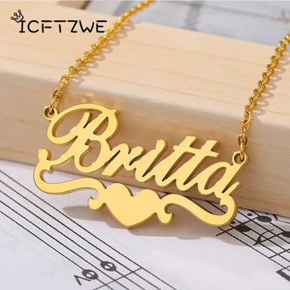 Custom Name Necklace for Women – Personalized Heart Ribbon Nameplate, Stainless Steel Chain, Gold or Silver