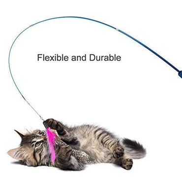 Interactive Cat Feather Teaser Wand - Retractable 15-38 in (37-100 cm) with 5 Refill Heads & Bell