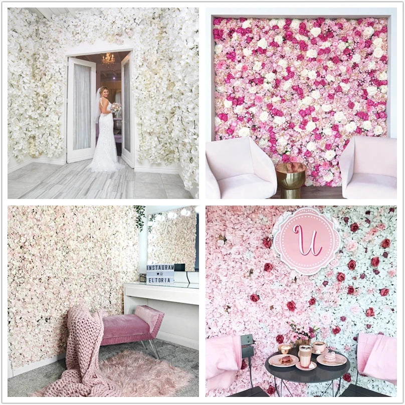 MEIHON Silk Rose Flower Wall Panel - 60x40cm Artificial Backdrop, Connectable, 34 Color Options for Wedding, Home & Events