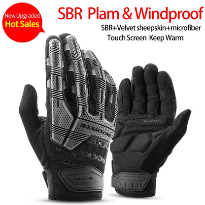 ROCKBROS Winter Cycling Gloves - Thermal Windproof, 6mm SBR Gel Palm, Touchscreen, Reflective, Full Finger, Autumn/Winter - 10 Styles, S to XXL