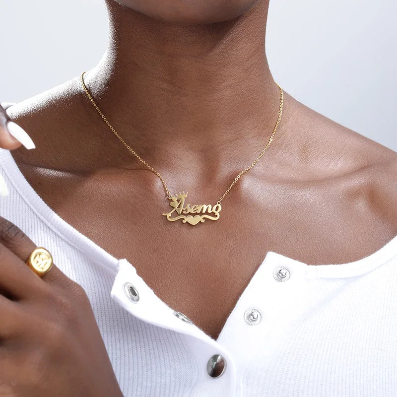 Custom Name Necklace for Women – Personalized Heart Ribbon Nameplate, Stainless Steel Chain, Gold or Silver