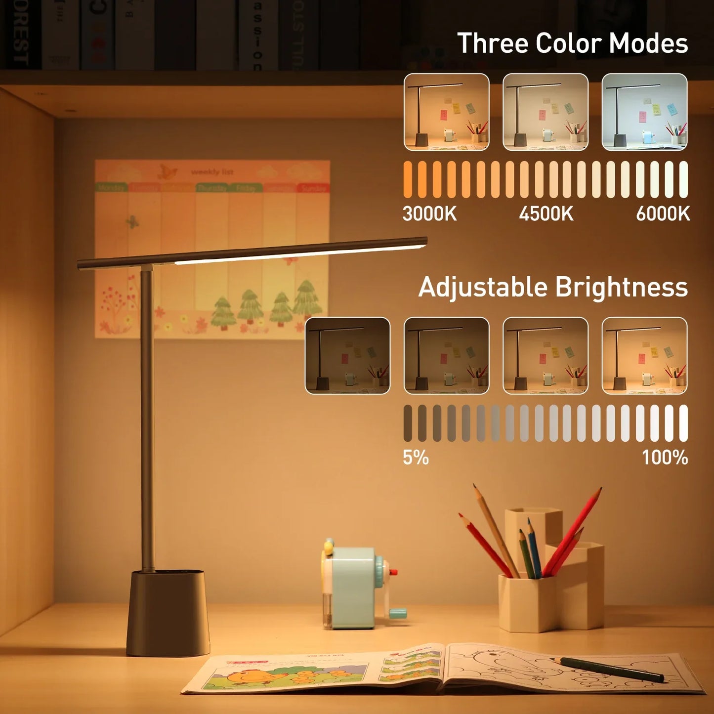 LED Eye-Protection Desk Lamp, Dimmable Foldable Rechargeable Touch Table Lamp with Adaptive Brightness for Office & Bedside Reading