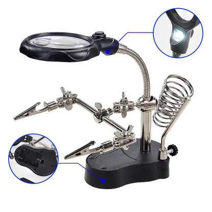 Adjustable Third Hand Soldering Stand with LED Magnifying Glass and Clamps — Desktop Helping Hand for Electronics Repair