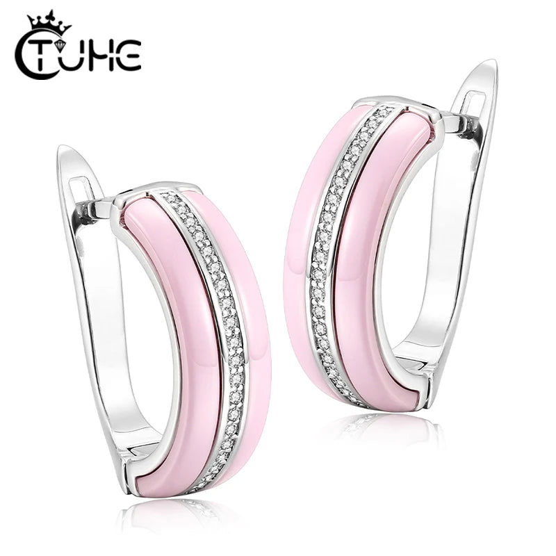 TUHE Ceramic & Cubic Zirconia Geometric Stud Earrings - Screw-Back, Women's Fashion Jewelry, White / Pink / Black
