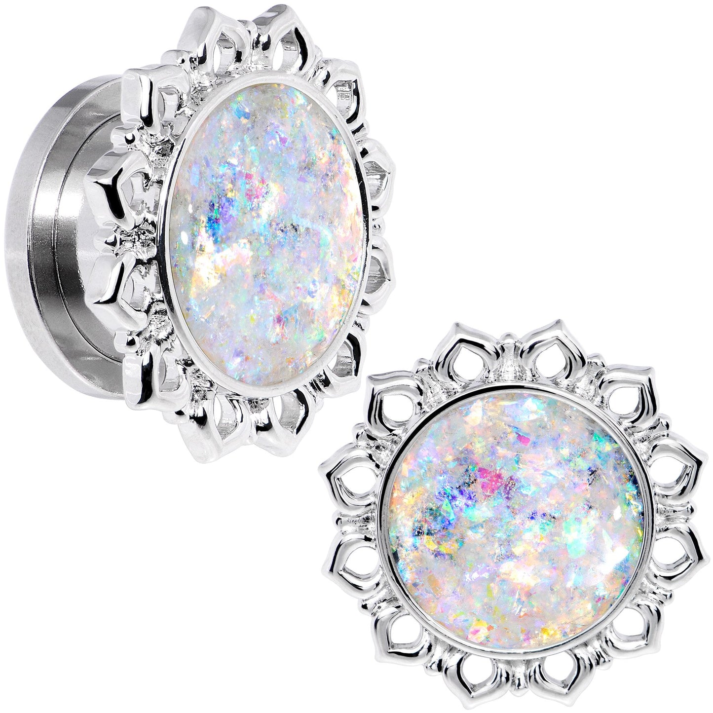 Handcrafted White Faux Opal Mandala Screw Fit Plug Set Sizes 8mm to 20mm