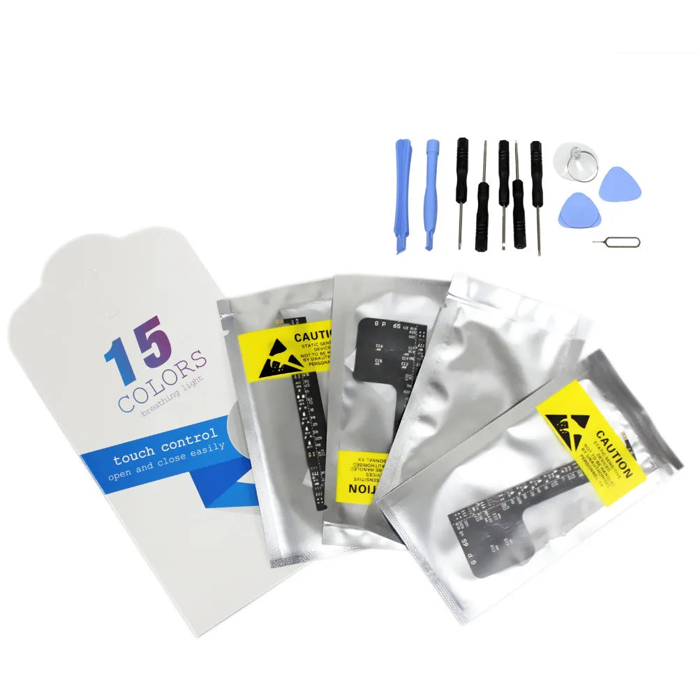 A set of replacement touch control LED logo lights for phones, including several silver foil packets with black circuit boards, a white card labeled '15 COLORS touch control', and a small tool kit with blue and black plastic tools and screwdrivers on a white background.