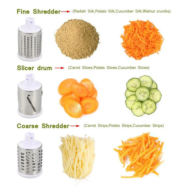 Manual Rotary Vegetable Slicer & Cheese Grater with 3 Stainless Steel Drums - Handheld Vegetable Chopper