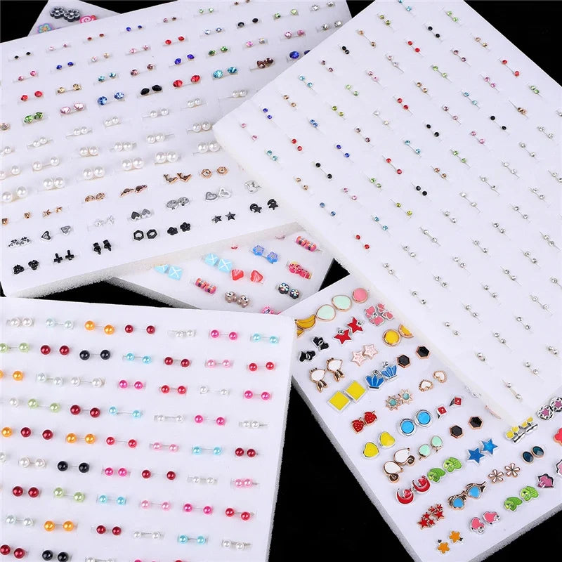 100pairs Acrylic Crystal Heart Star Moon Small Stud Earrings Set for