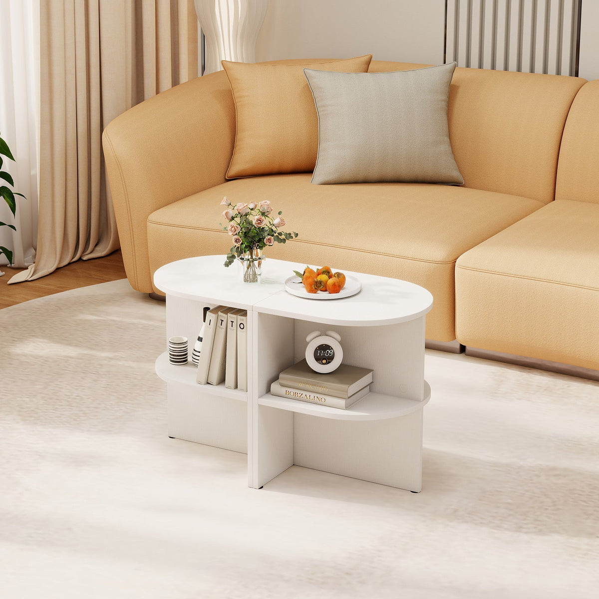 Half Round End Table with Open Shelves for Small Space-White
