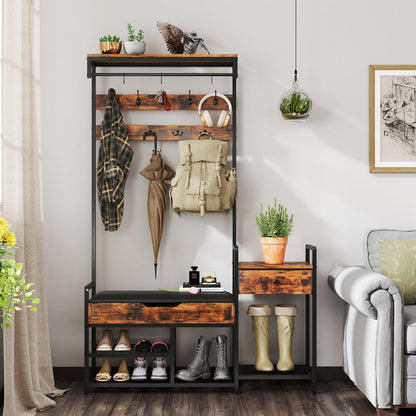 70 Inch Hall Tree with Shoe Storage Bench Freestanding Coat Rack-Rustic Brown