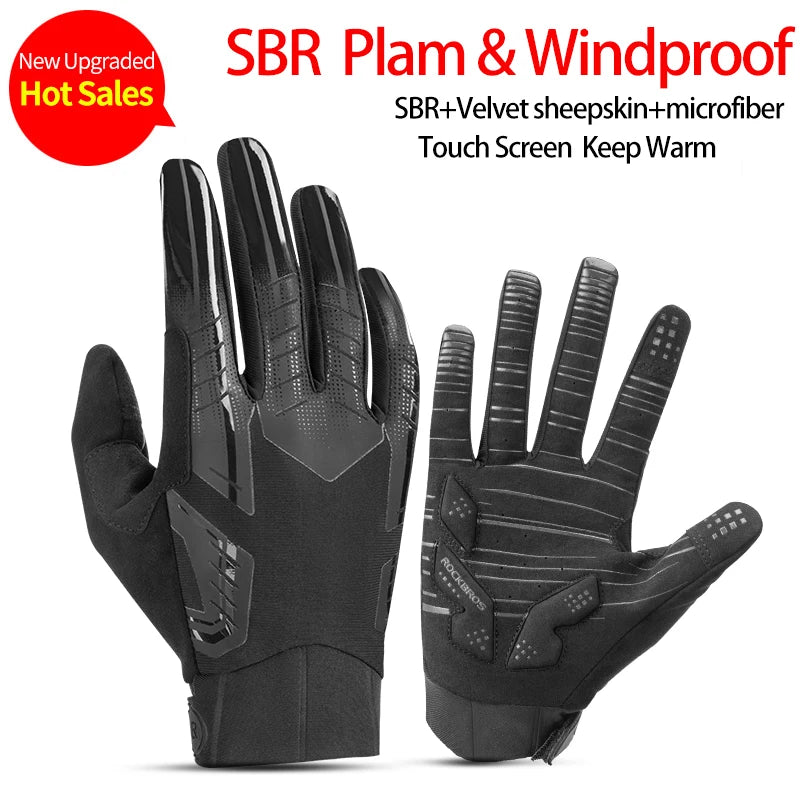ROCKBROS Winter Cycling Gloves - Thermal Windproof, 6mm SBR Gel Palm, Touchscreen, Reflective, Full Finger, Autumn/Winter - 10 Styles, S to XXL