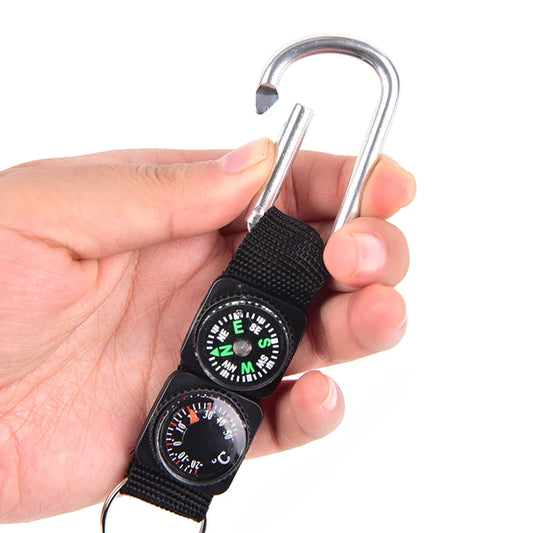 3-in-1 Mini Carabiner Keychain with Compass & Thermometer for Camping, Climbing & Hiking, Black