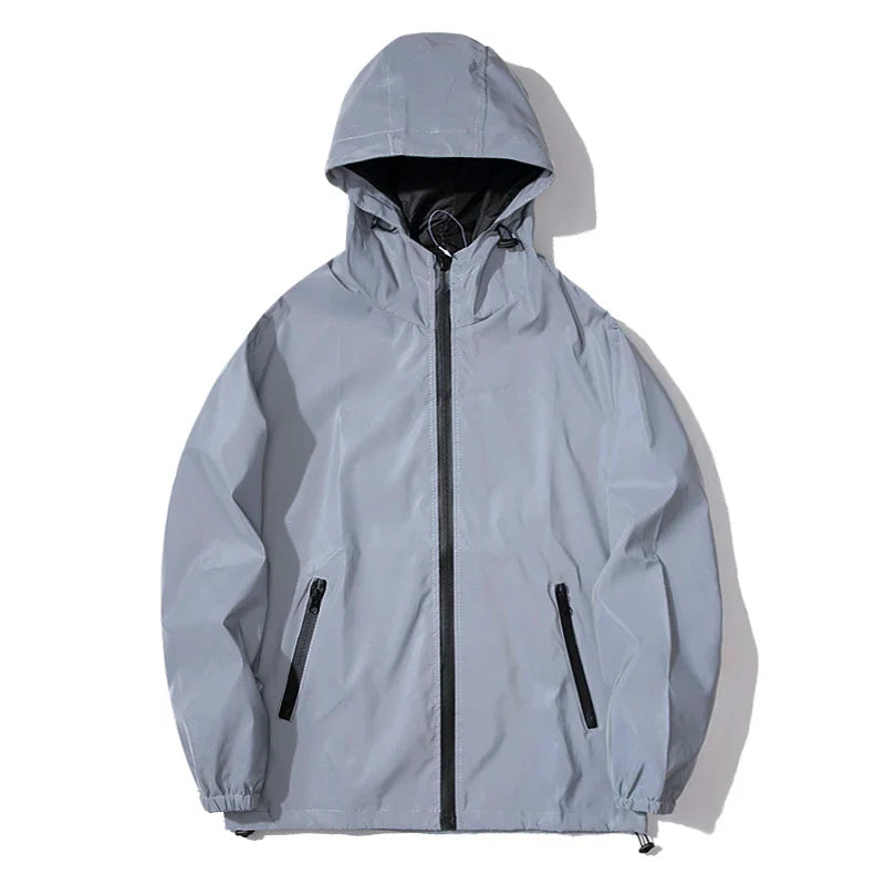 Men's Reflective Dual-Layer Windbreaker Jacket Hooded Waterproof Zip Coat