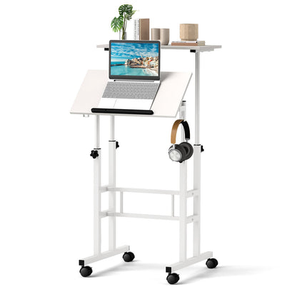 Mobile Standing Desk Height-Adjustable Laptop Cart with Split Top and Hanging Hooks