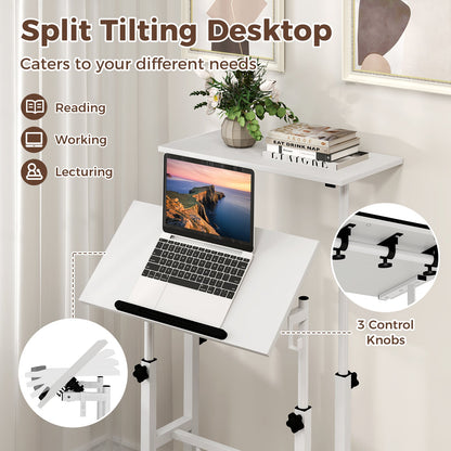 Mobile Standing Desk Height-Adjustable Laptop Cart with Split Top and Hanging Hooks